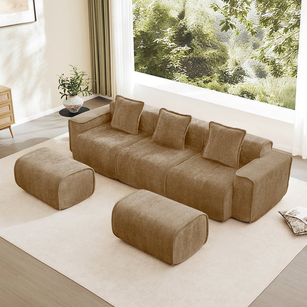 English Elm Streamlined Velvet U-shape Modular Sectional with Ottomans and French Piping Detail W3041S00374