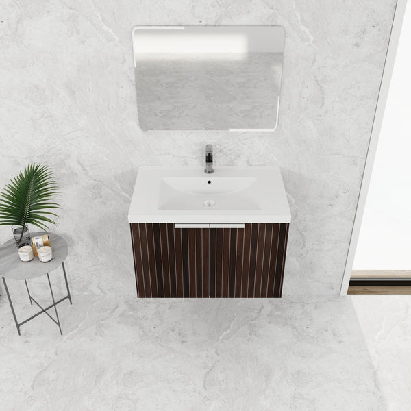 English Elm 30 Inch Silver-Brown Stripe Wall-Mounted Vanity with Mid-Edge Resin Sink, Soft-Close Doors, Ample Storage W999P204951