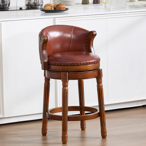 English Elm Cow Leather Swivel Barstool Solid Hardwood Frame Curved Back for Kitchen or Bar W2195P479943