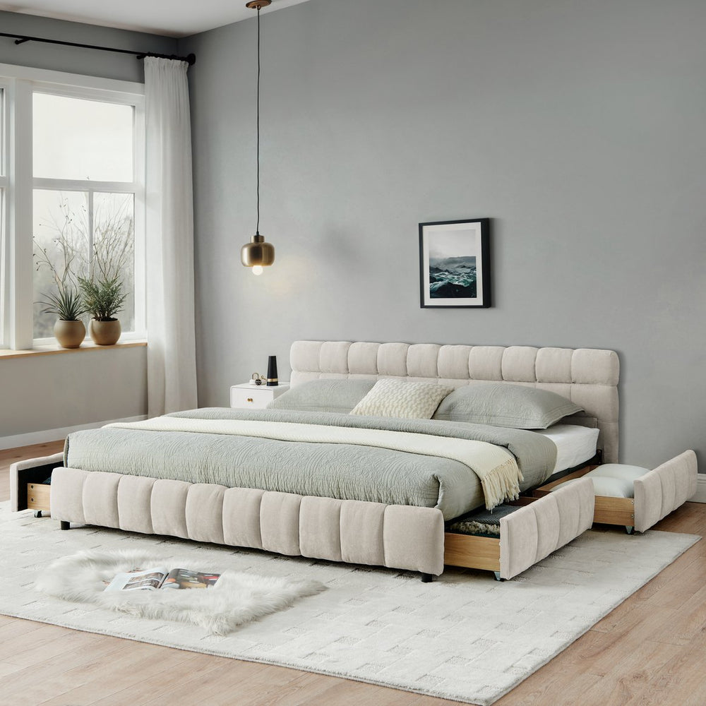 English Elm California King Upholstered Bed Frame - Soft Chenille Fabric, Modern Design With Storage Drawer, Beige W487P311316