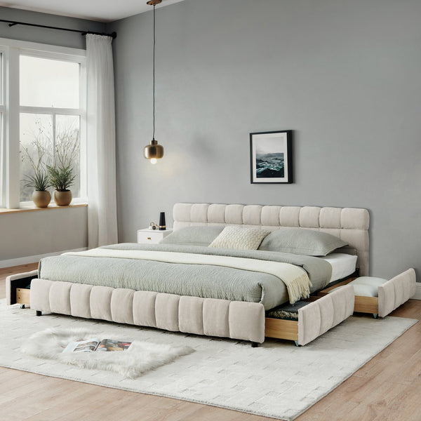 English Elm California King Platform Bed Chenille Upholstered Frame with Storage Drawers Modern Beige W487S00422
