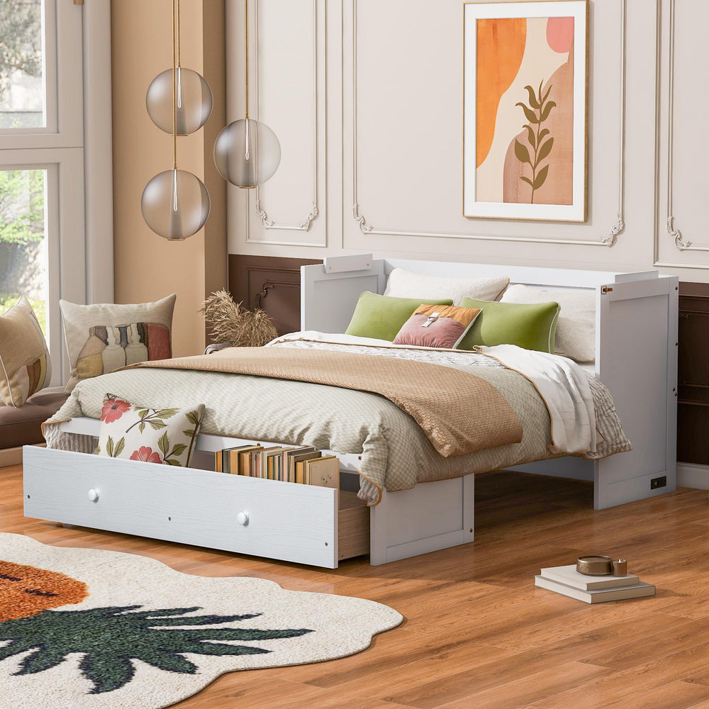 English Elm Queen Murphy Wall Bed with Pull Out Drawer and Built in Usb Charging Cabinet White N708P205905K