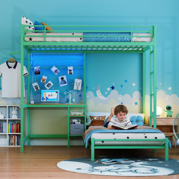 English Elm Bunk Bed Twin Over L-shaped Metal Frame with Desk Storage Shelves and Drawers W3752S00007