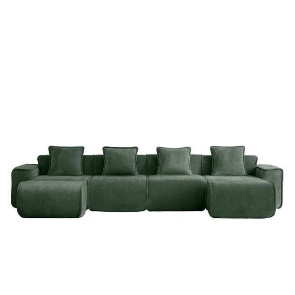English Elm Streamlined Modular U-shape Sectional Velvet Sofa with Cloud Comfort and Movable Ottomans Green W3041S00370