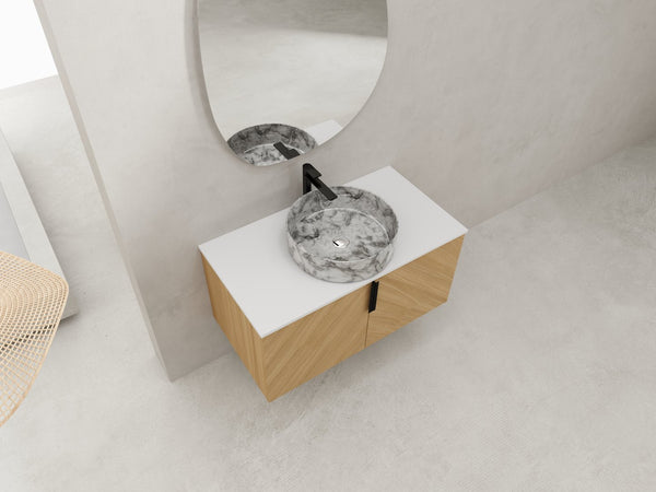 English Elm 36" Modern Wall-Mounted Bathroom Vanity With Soft-Close Doors, Ceramic Sink & Durable Oak Finish W999S00451