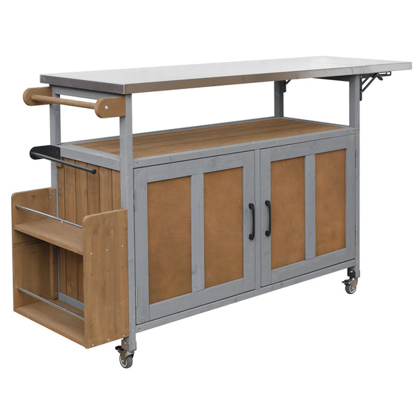 English Elm Foldable Outdoor Kitchen Cart with Stainless Worktop Fir Wood Frame and Lockable Wheels Espresso,Grey N719P380279Z
