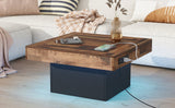 English Elm 31.4'' X 31.4'' Farmhouse Coffee Table With 2 Usb Ports and Outlets, Brown Spliced Wood Grain Center Table With Led Light, Rustic Cocktail Table With Charging Station For Living Room, Black