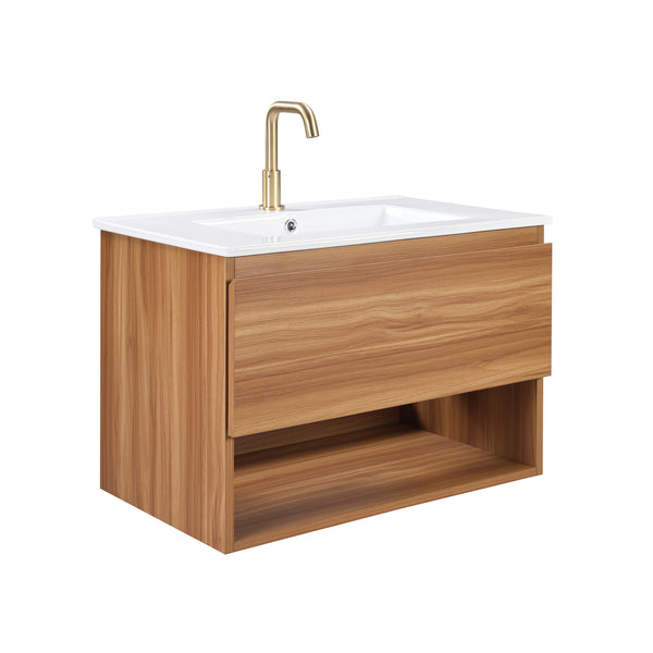 English Elm 24 Inch Floating Bathroom Vanity Fluted Walnut Cabinet with Ceramic Sink Modern W3520S00041