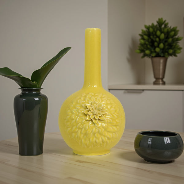 English Elm Remi Tall Ceramic Vase with Floral Motifs Yellow Glazed Narrow Neck 16 Inch B056P416951
