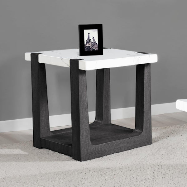 English Elm 1pc End Table with Faux Marble Top, Two-Tone Modern Accent Piece, 24” Square Stylish Living Room Black,White 28 L x 28 W x 14 H B2741P402817