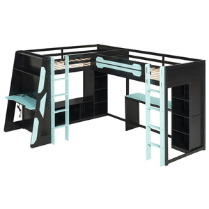 English Elm L-shaped Gaming Loft Bunk Bed Twin Wood Frame Rgb Lighting Usb Ports Storage Shelves Blue LT000295AAC