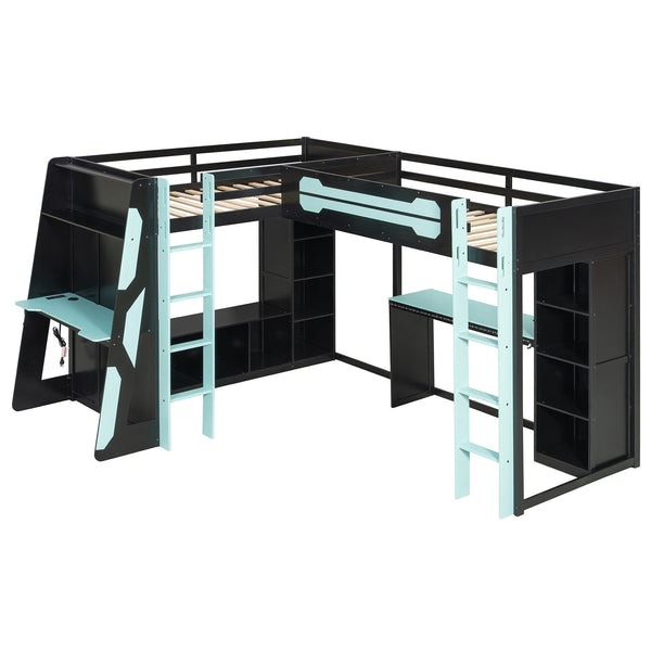 English Elm L-shaped Gaming Loft Bunk Bed Twin Wood Frame Rgb Lighting Usb Ports Storage Shelves Blue LT000295AAC