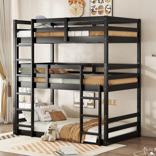 English Elm Triple Rubber Wood Bunk Bed with Built-In Ladders and Guardrails Maximizes Space for Families, Durable Design Black W504S00177