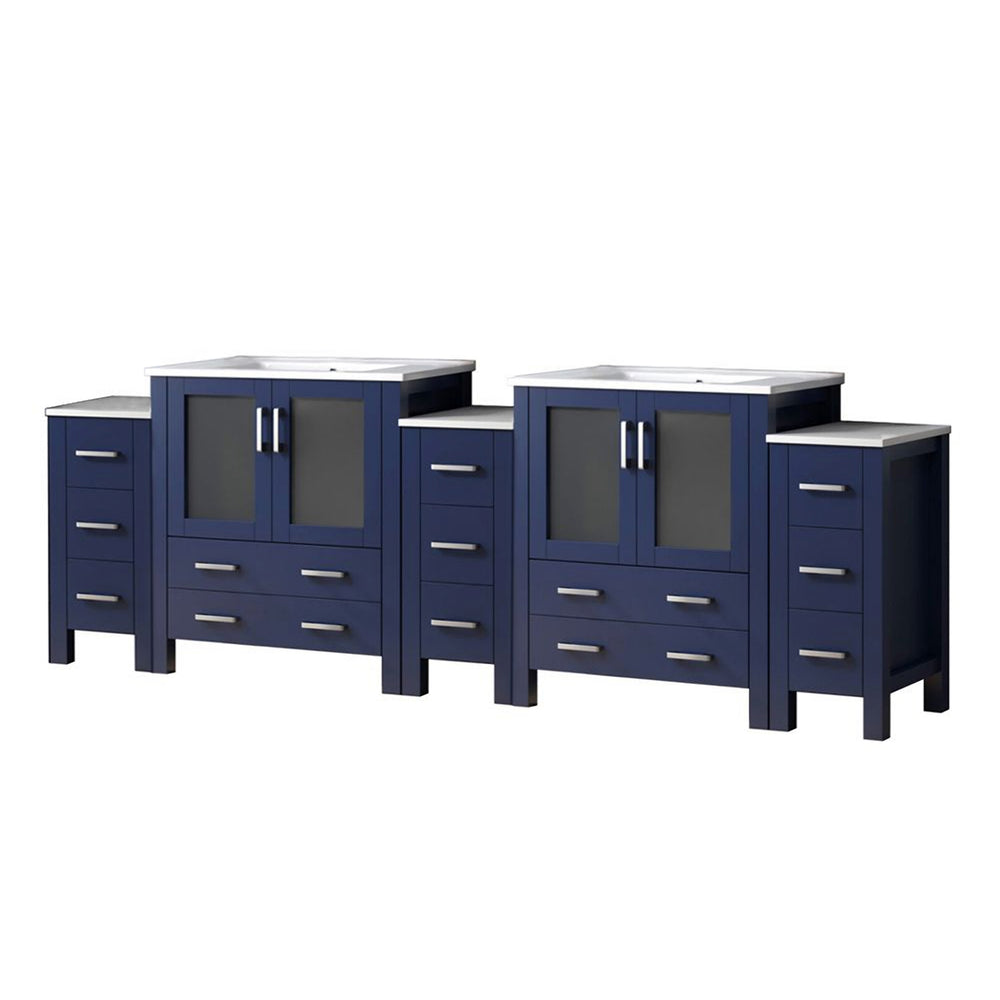 English Elm Navy Double Bath Vanity 108" W With White Ceramic Top, Soft-Close Drawers & Ample Storage Space B2731S00620