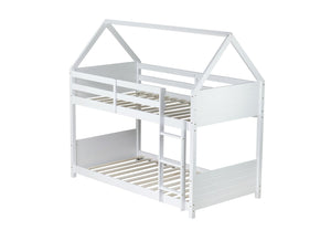 English Elm Twin House-Style Twin Bunk Bed With Safety Guardrails, Ladder & Play Space – White Rubberwood Design W504P227972-GIGA