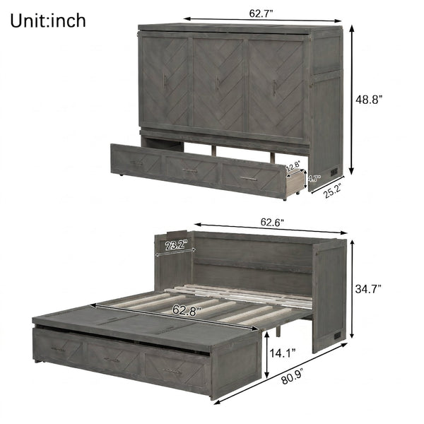 English Elm Queen Murphy Cabinet Bed Pine Wood Geometric Panel Antique Grey with Usb Charging W504S00302