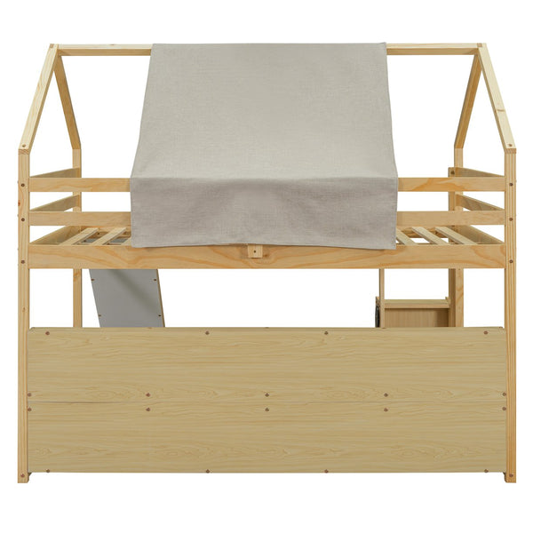 English Elm Full Size Kids House Loft Bed Pinewood Frame with Tent Slide and Play Storage Natural LT000683AAD