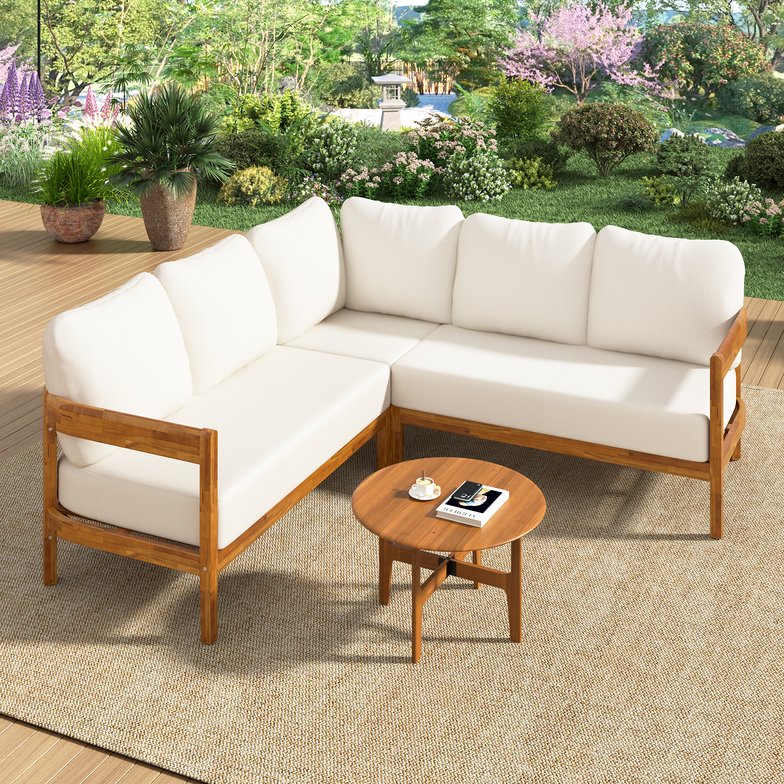 English Elm U_style Acacia Wood Outdoor L Shaped Corner Sofa Set with Arc Frame and Cushions White WY000481AAA