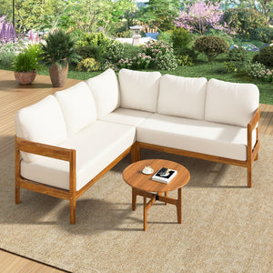 English Elm U_style Acacia Wood Outdoor L Shaped Corner Sofa Set with Arc Frame and Cushions White WY000481AAA
