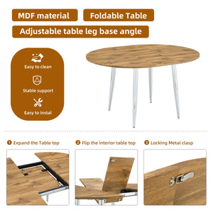 English Elm With Retractable Leaf Round Oval Mdf Top and Sleek Metal Legs Modern Dining Table Silver,Wood W1151S03944