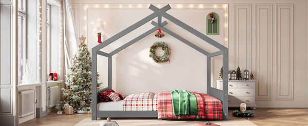 English Elm Queen House Bed Frame Solid Pine Low Profile Montessori Floor Design for Kids Room W1580P387854