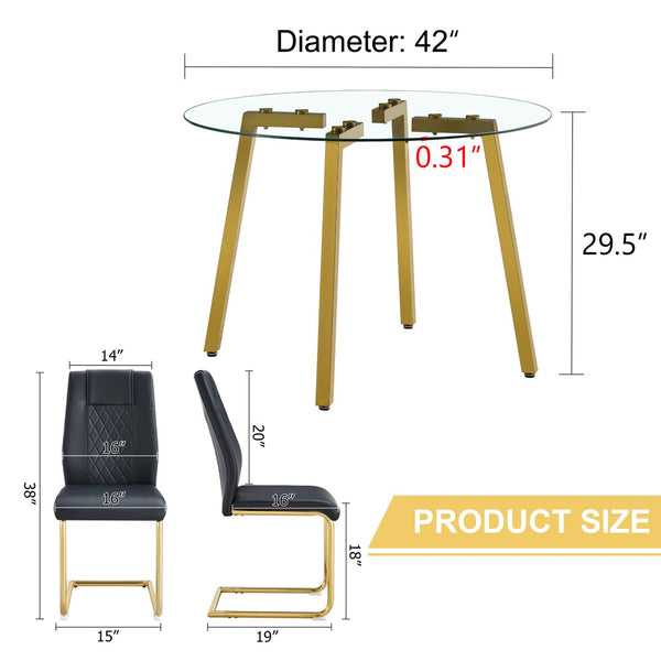 English Elm Table Set - Modern Round Clear Tempered Glass Dining Table With Stylish High-Back Black Chairs W1151S01717-GIGA