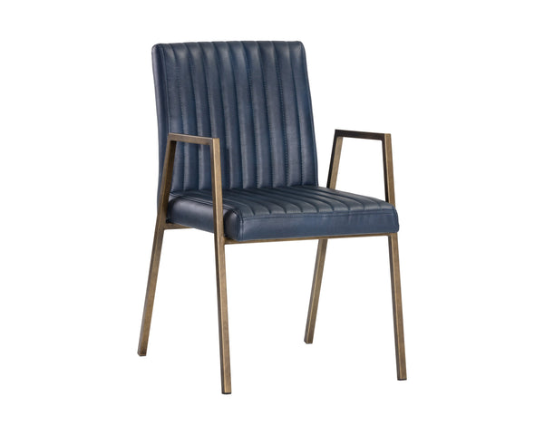 Sunpan Homer Dining Armchair - Stylish Industrial Design with Antique Brass Frame and Bold Channel Stitching Bravo Admiral