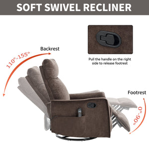 English Elm Heat Massage Rocker Swivel Recliner Fabric Chair with Lumbar Therapy for Living Room Brown W1803P362305