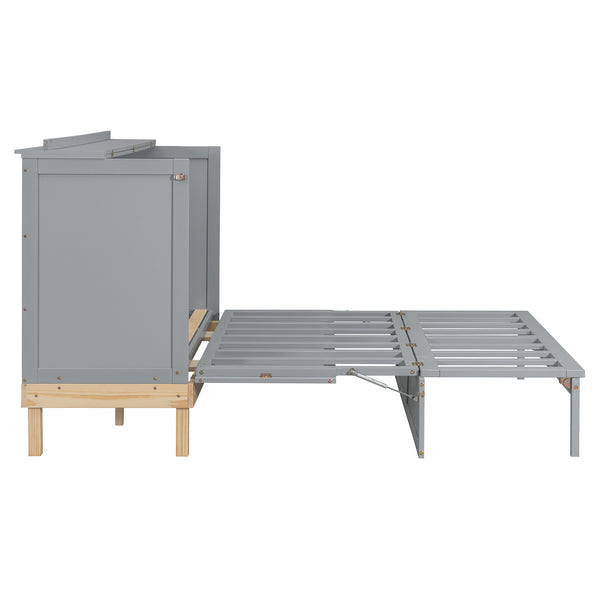 English Elm Queen Murphy Wall Bed Solid Pine Cabinet with Drawer Modern Space Saving Design Gray N708P243886E