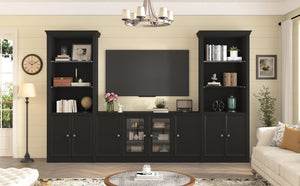 English Elm U-can Three Piece Wall Unit Built-in Media Center with Crown Molding and Tempered Glass Storage Black SJ000156AAB