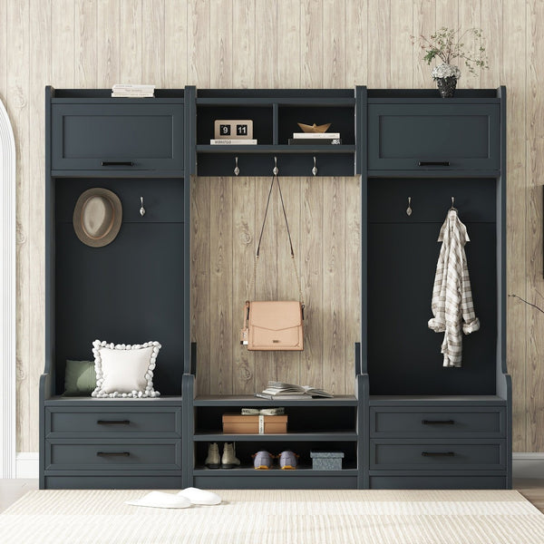 English Elm 4-in-1 Modular Entryway Hall Tree with Seven Hooks Drawers and Antique Blue Bench W1580S00491