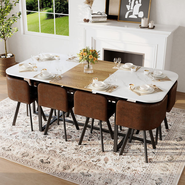 English Elm 9-piece Square Dining Set Seats 8 with Suede Chairs and Two-tone Metal Frame Brown,White,Wood W3875S00145