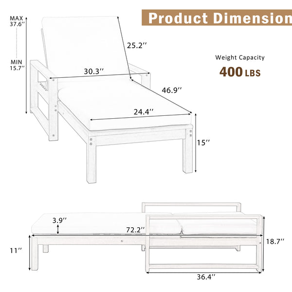 English Elm Trexm Outdoor Acacia Wood Chaise Lounge Set Two Adjustable Poolside Reclining Chairs Gray TM000013AAE