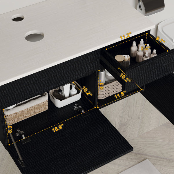 English Elm 31.5" Floating Bathroom Vanity Base Black Wood Grain Soft Close Modern Farmhouse W3136P500133