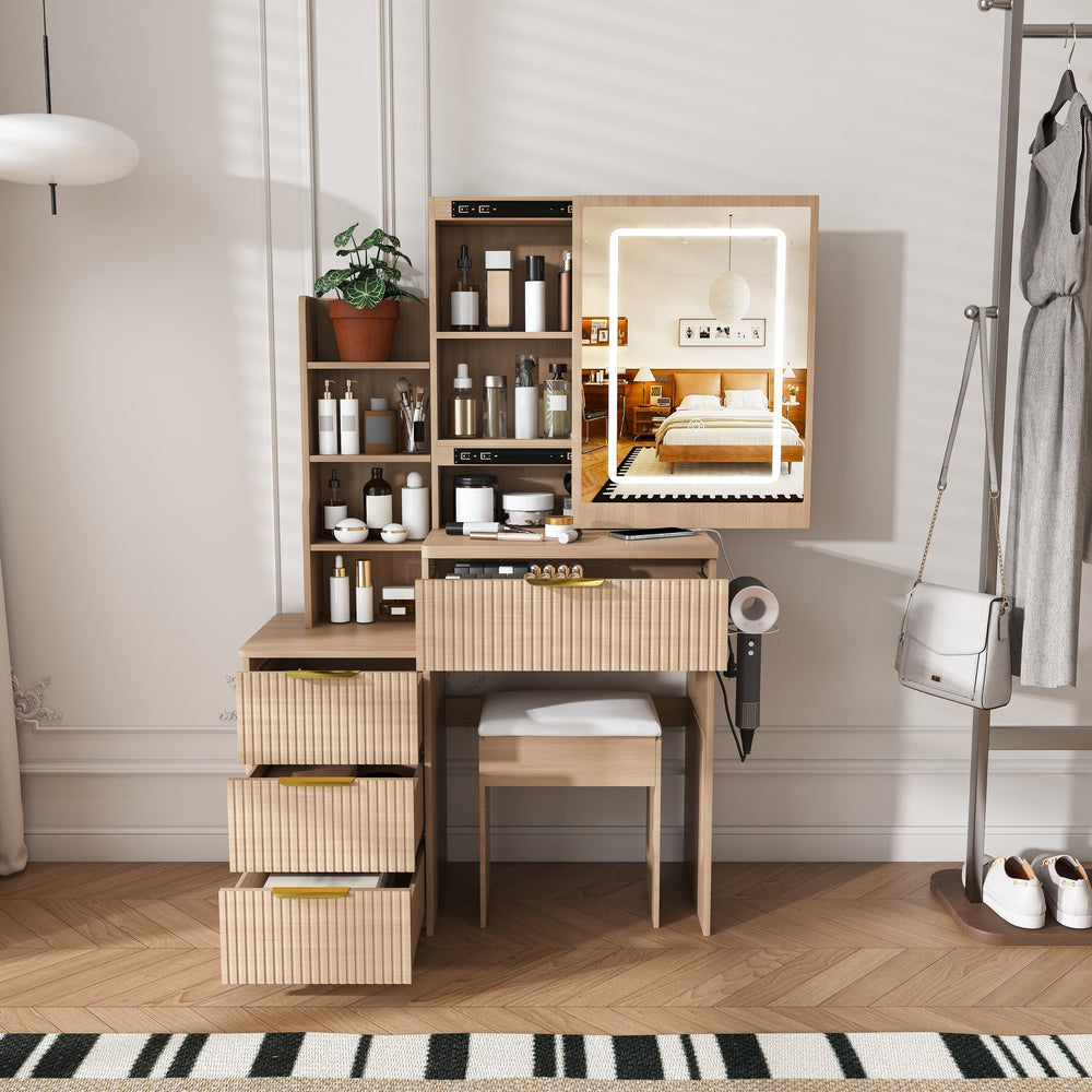English Elm Modern Makeup Vanity Desk with Led Lighting Four Drawers Mirror and Built-in Power Outlet Walnut W509P465831