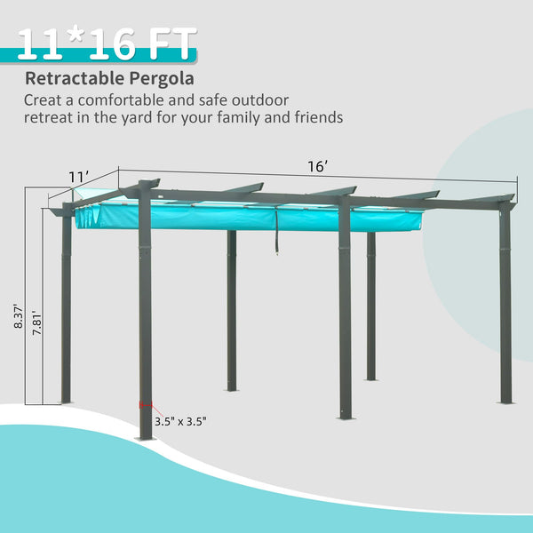 English Elm 11 11 X 16 FT Retractable Pergola with Weather-Resistant Canopy, Aluminum Frame, Easy Assembly, Versatile Outdoor Shade and Entertainment Space Lake Blue W1859S00077