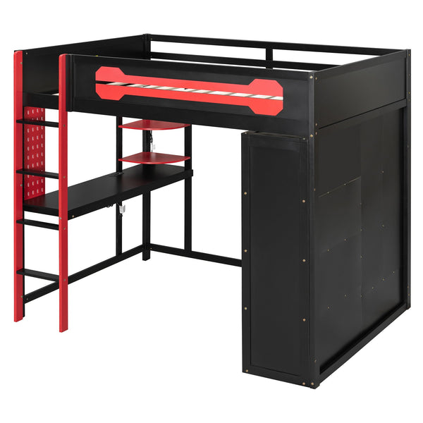 English Elm Full Size Gaming Loft Bed with Rgb Lighting Integrated Desk and Open Wardrobe N820S00073J
