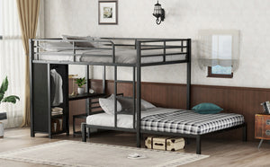 English Elm Queen Over Queen Bunk Bed Frame With Desk, Storage Chairs & Wardrobe – Space-Saving Black Design W1580S00110-GIGA