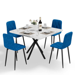 English Elm Square MDF Dining Set for 4 with Faux Marble Top, Mid-Century Modern Iron Legs, Easy-Clean Surface White+Blue W578S00022