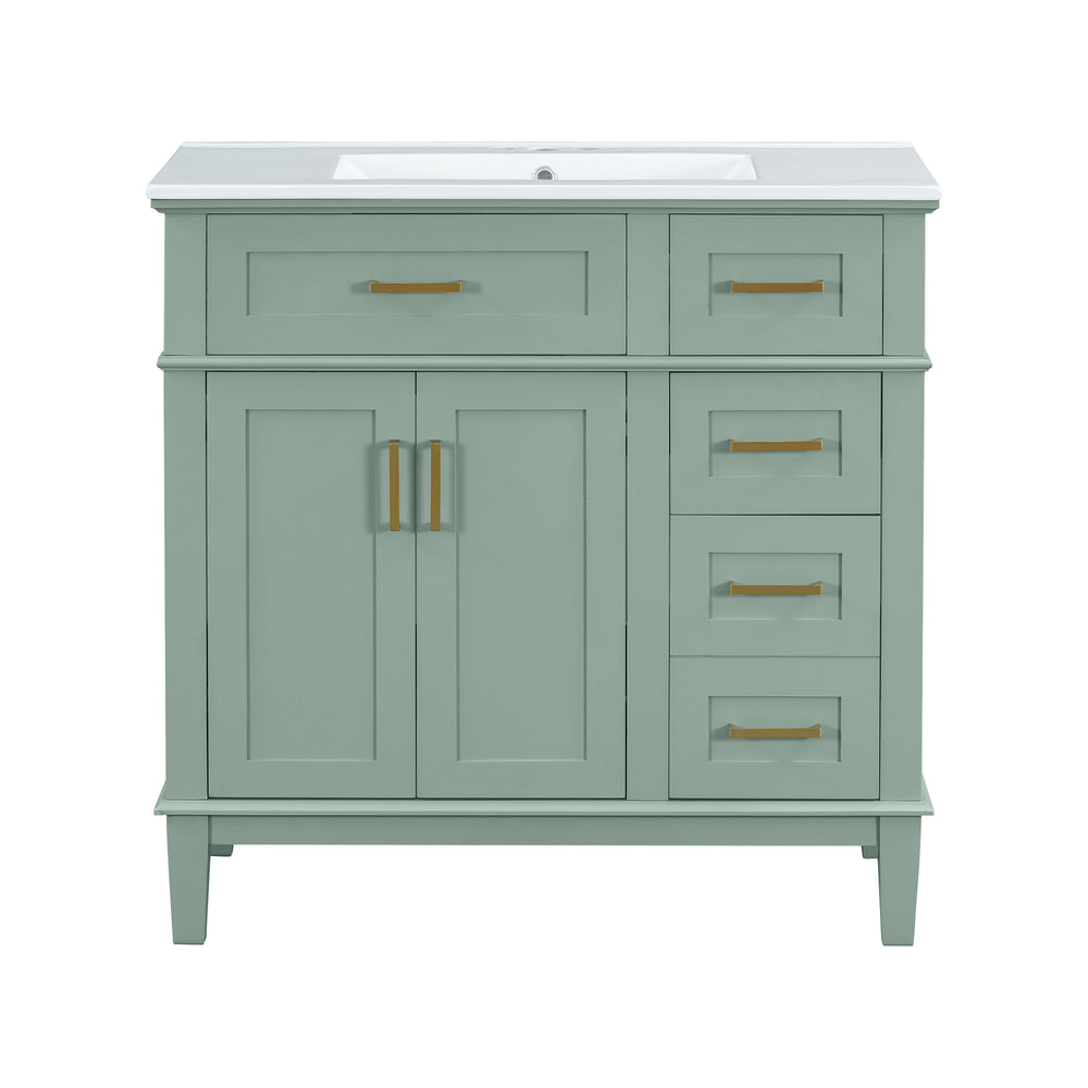 English Elm 36" Green Modern Bathroom Vanity with Ceramic Sink, 4 Soft-Close Drawers & Doors, Solid Wood Build N729P253935F