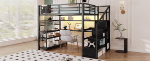 English Elm Full Size Steel Loft Bed with Staircase Storage Wardrobe Desk and Led Lighting Black W2593S00060