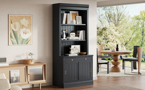English Elm 83.4"Tall Modern Bookshelf With Sliding Doors, Adjustable Open Shelves For Home Office & Living Room N751S323420B