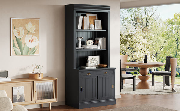 English Elm 83.4"Tall Modern Bookshelf With Sliding Doors, Adjustable Open Shelves For Home Office & Living Room N751S323420B