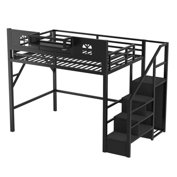 English Elm Full Size Steel Loft Bed with Staircase Storage Wardrobe Desk and Led Lighting Black W2593S00055