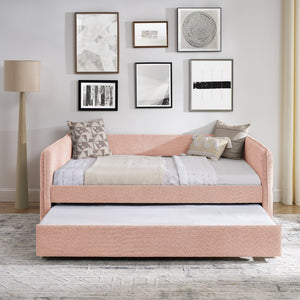 English Elm Full Size Boucle Daybed with Pop up Trundle Tufted Upholstered Sofa Sleeping Pink W1413S00175