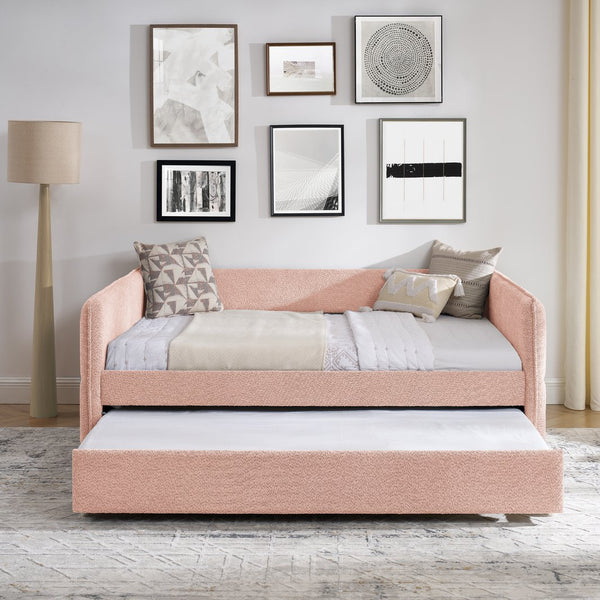English Elm Full Size Boucle Daybed with Pop up Trundle Tufted Upholstered Sofa Sleeping Pink W1413S00175
