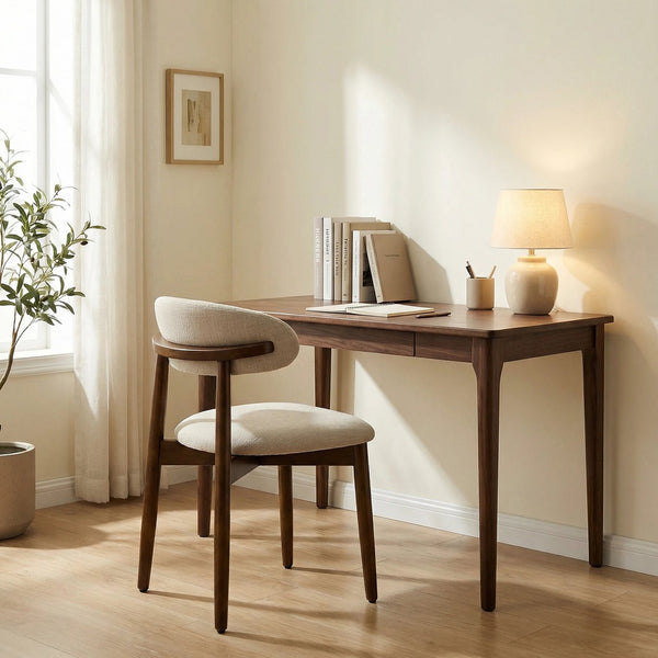 English Elm Wooden Upholstered Dining Chairs Set of 2 Linen Fabric Curved Back Farmhouse Style Beige W3204P456998
