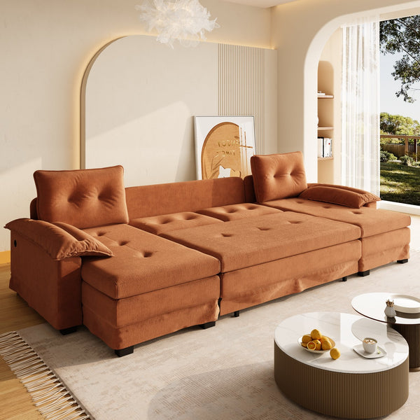 English Elm 109.5" Oversized U-shaped Sectional Sleeper Chenille Modular Sofa with Usb Ports Orange W1885S00440