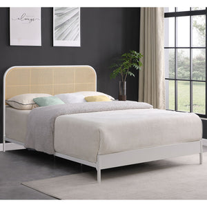 English Elm Kenneth White Radio Weave Queen Bed with Coastal White Metal Frame, Rattan Headboard Texture, Sturdy Powder-Coated Design B062P374089