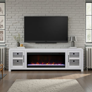 English Elm Haven 82" TV Stand with 42" Electric Fireplace, Oak Veneer, Glass Doors, Cable Management, White finish B108P364422